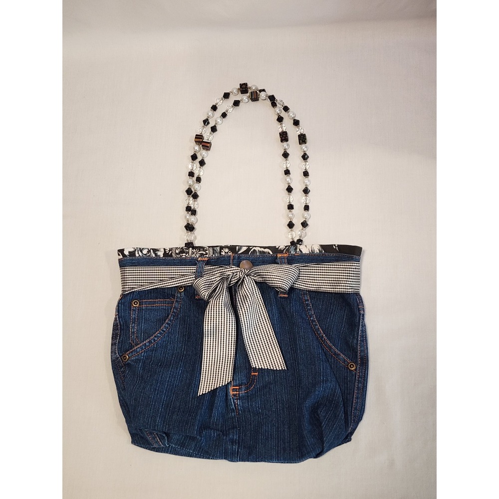 Handmade Upcycled Denim Jean Tote Bag Beaded Handles Gingham Bow Blue